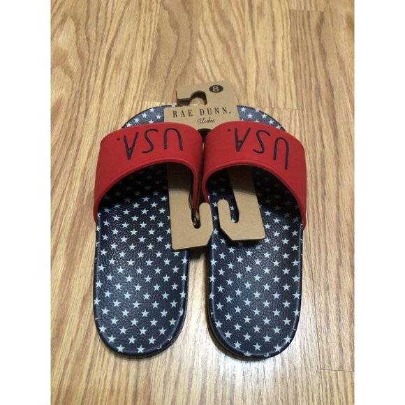 Rae Dunn Womens Slides USA Size 8 Red Blue White Stars 4th July Shoes Patriotic - Picture 2 of 6